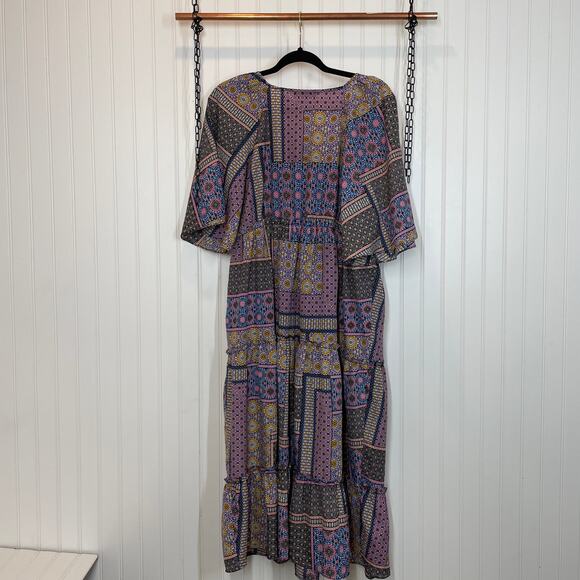 Trina Turk Sivas Dress Midi Dress Multicolor V-Neck Tiered Fit & Flare Size L - Picture 4 of 9